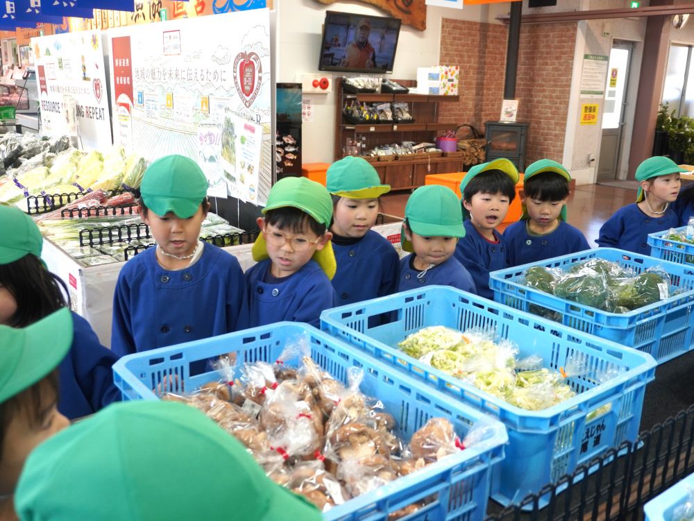 到着したら、まずはお店の人にご挨拶。
「おはようございます！」「よろしくお願いします！」と元気よく伝えられました♡

目的のわけぎを探しながら、店内をぐるっと見学させてもらいます。
「ここにあるものはね、みんなが住んでる広島県、その中でも尾道でとれたものが多いんだよ」と伝えると、
「え～！魚もあるよ！ こち・・たい・・これも尾道でとれるん？」と驚いていました。シールを見ると“吉和漁協”と書いてあります。
「吉和の漁師さんがとってきてくれたんかねぇ」と子ども達と話をしました。
他に“なまこ”もあり、それを見た子が「なまこコリコリして美味しいよね！」と教えてくれて「え～、なまこ食べたことあるん！？」と先生の方がビックリすることも☆
“食”の話で盛り上がりながら、店内を巡ります♡