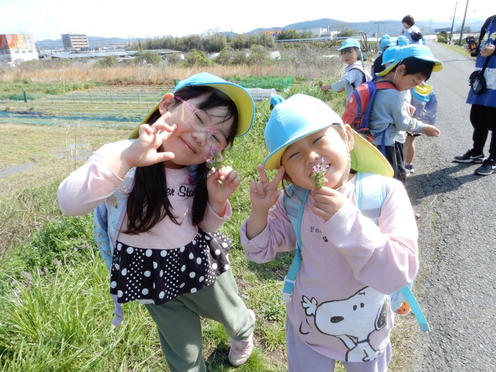 新しい生活がスタートしたキリン組！！
ドキドキ・ワクワク♪
これから、熱中できること見つけて
楽しく過ごそうね♡



春になると何がある？
こんな質問をしてみると、、、
「ダンゴムシがおる！！」「てんとう虫も！！」
「カブトムシーーー！！」
「それは夏じゃろー！！」
どんどん盛り上がるキリン組♪
春のことを考えると
なんだかワクワク♪
楽しいことが見つかりそうな予感♡
春探しに出発～♪

さっそく見つけた！！
ホトケノザ
「これ蜜があるんよね」
「おいしいんよ～ジュースじゃわ」
「本当じゃ！！おいしいね」