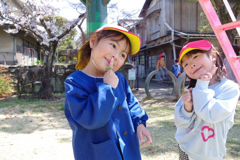 ナズナを見つけたＫちゃんとＮちゃん。
ハートの部分を少し下に裂き、フリフリと振ってみると音が鳴る・・・！
優しく振って音を確かめていました！
最後は指に付けて…
指輪の完成✨
「けっこんしたんだ♡」
とウキウキな様子でした♡
発見いっぱいのお散歩になりました。
引き続き、春探しを楽しんでいきたいと思います！
