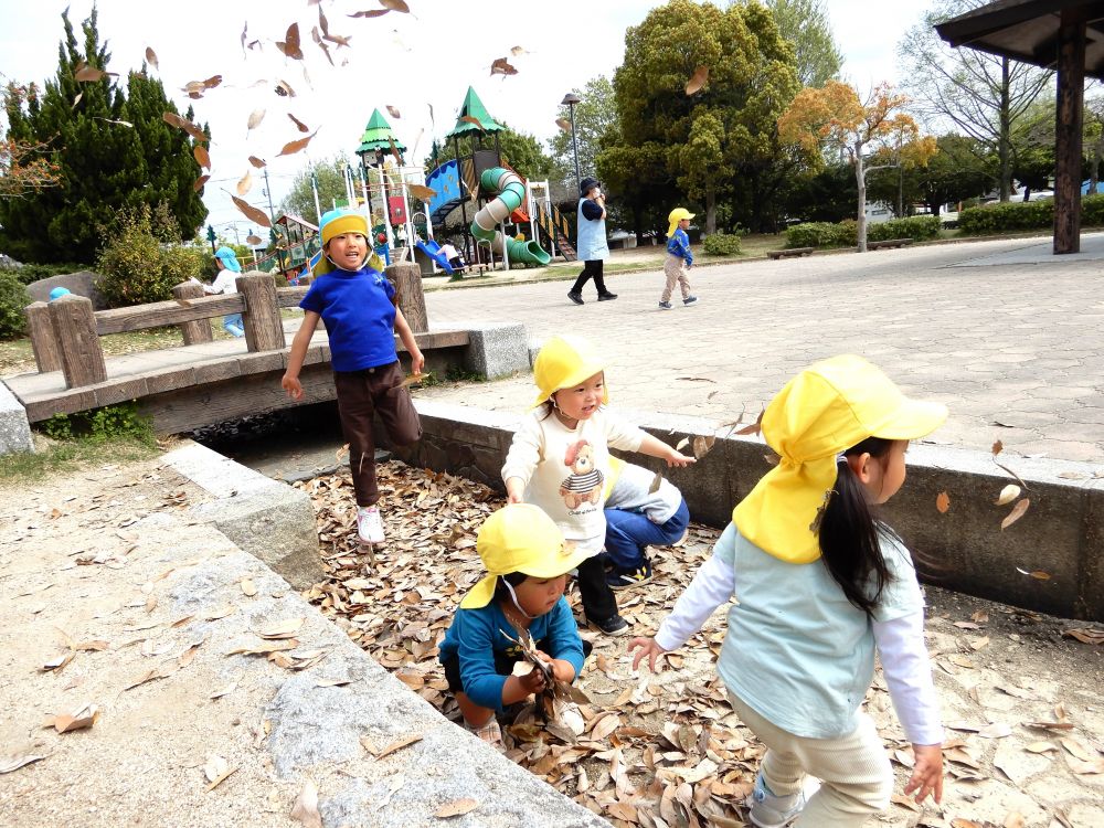 「いくよ～！」
「せーの」
「もういっかい♪」
落ち葉を集めて上に投げると・・・
落ち葉シャワーになって面白い♪
一緒に散歩に来たクマ組さんと落ち葉シャワーを楽しむIちゃん♡
たくさん体を動かして遊びました

