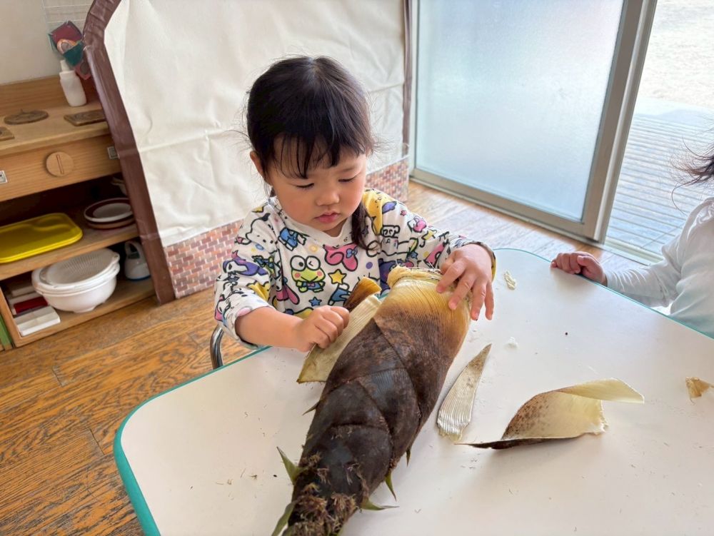 たけのこは白くなるまで
皮をむきむき…
実際に触ったり、剝いてみたり
感触を味わっていました。