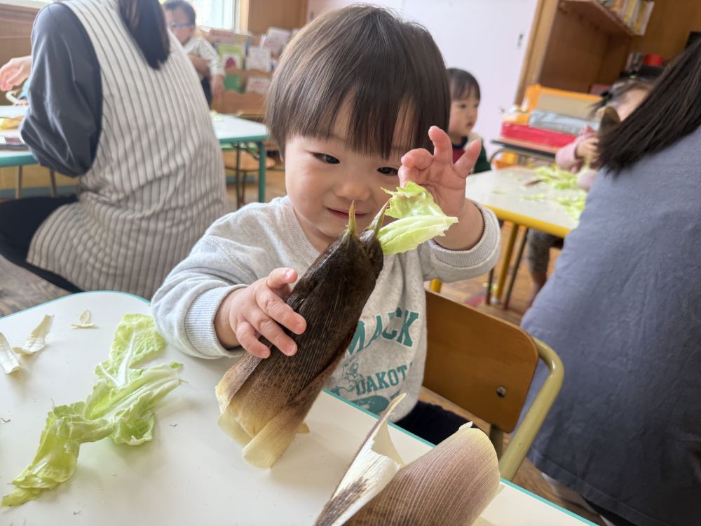 タケノコの皮の中にキャベツを入れるGくん。
入れて取りだしてを繰り返ししていました✨️