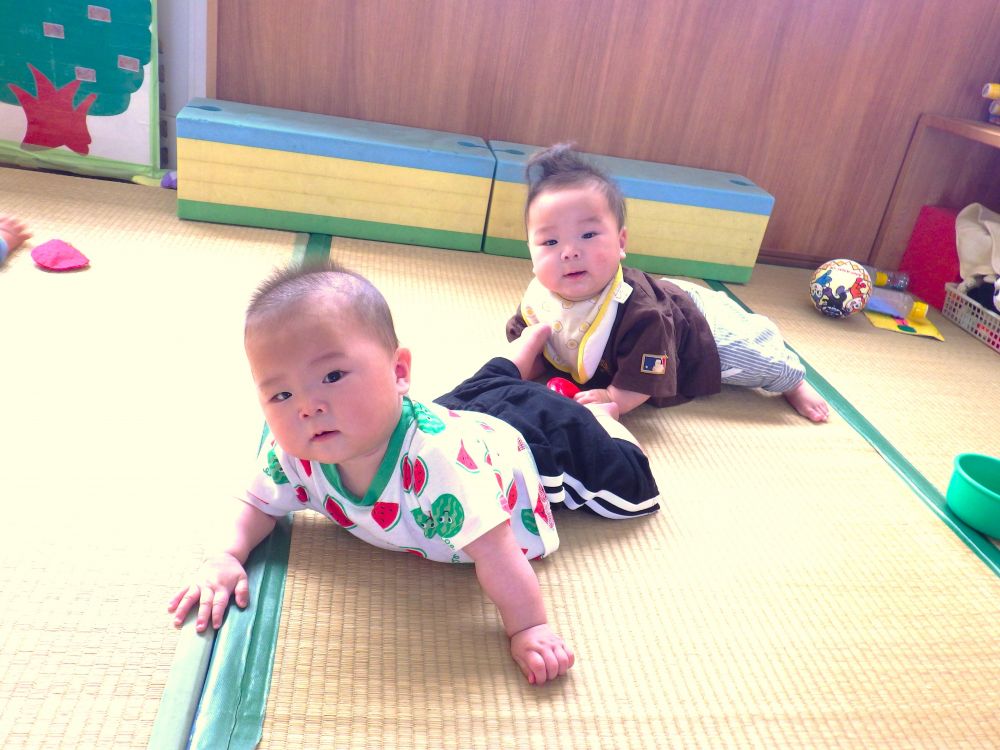 ウサギ組に新しい仲間が増えました！！

双子のAくんとIちゃん、

ずりばいで部屋の中を仲良く探索しています