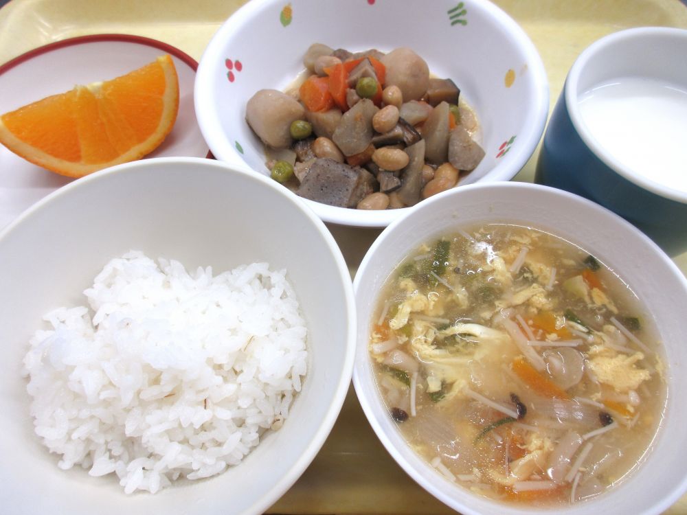 麦ご飯

いり鶏

きのこの中華スープ

オレンジ

牛乳