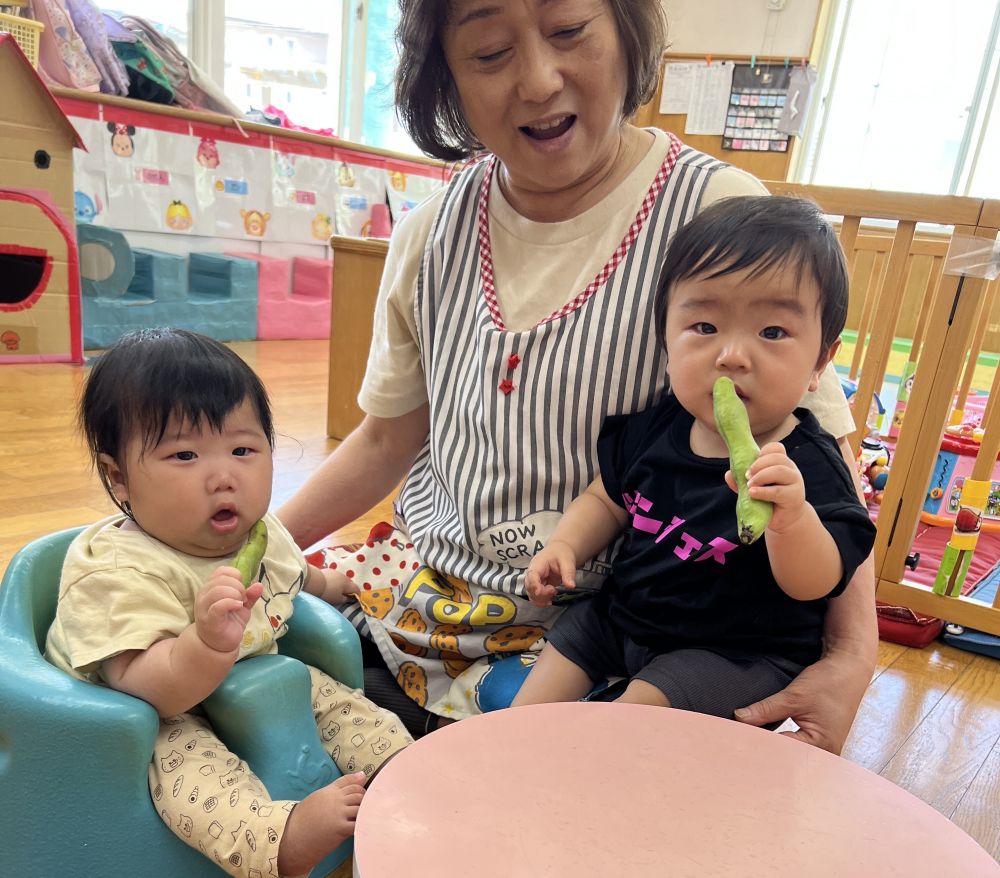 今月の食育はそらまめ🫛

RくんとSくんは初めての食育でした✨

自分で持って、感触を確かめているようでしたよ😊