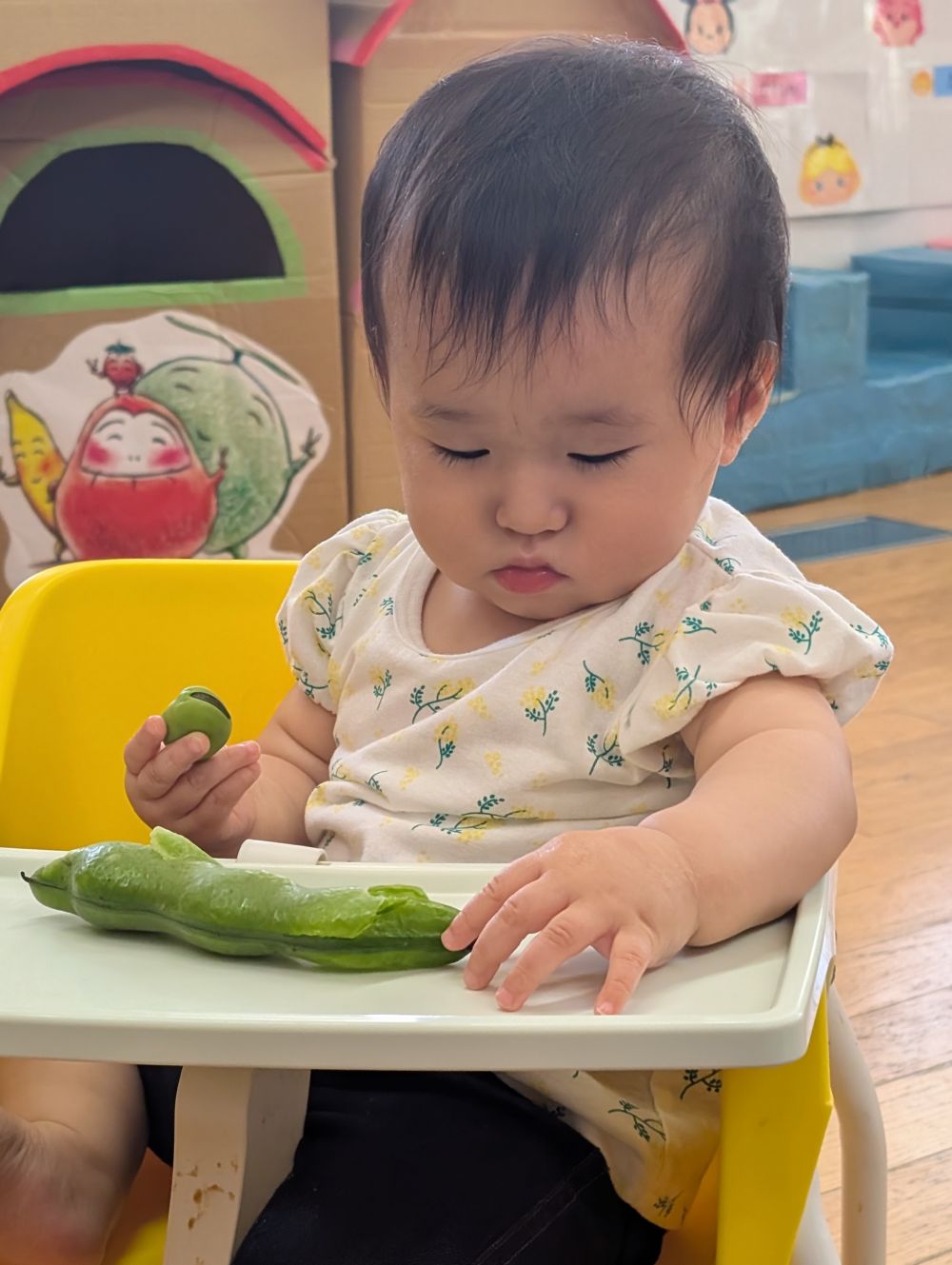 Hちゃんはさやから出した豆を貰うと、
豆を摘まんだり、皮をそーっと触ったりしていましたよ🫛

そらまめ、冷たくてフワフワしてたね♪