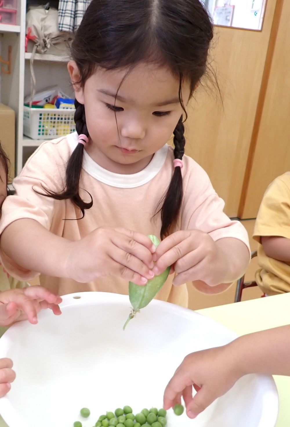 慣れた手つきで豆を取り出す子や、