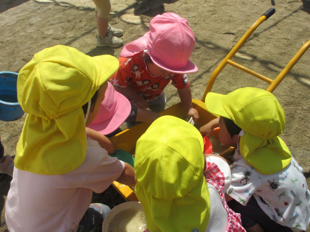 1つの入れ物に集まってみんなで遊ぶ🌟
「つかっていいよ」
「つぎ、どうぞ！」
みんなで順番に触っています🎵

水や泥のひんやりとした感触が気持ちいいね🩵
気持ちに共感しながら楽しみたいと思います！


