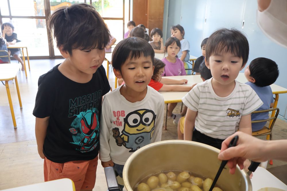 楽しみにしていた
  『じゃがいもパーティー』の日♡

給食室で茹でてもらったじゃがいもとご対面！

「うわ～♡おいしそう😋」と
じゃがいも🥔にくぎ付けの子どもたち♡

