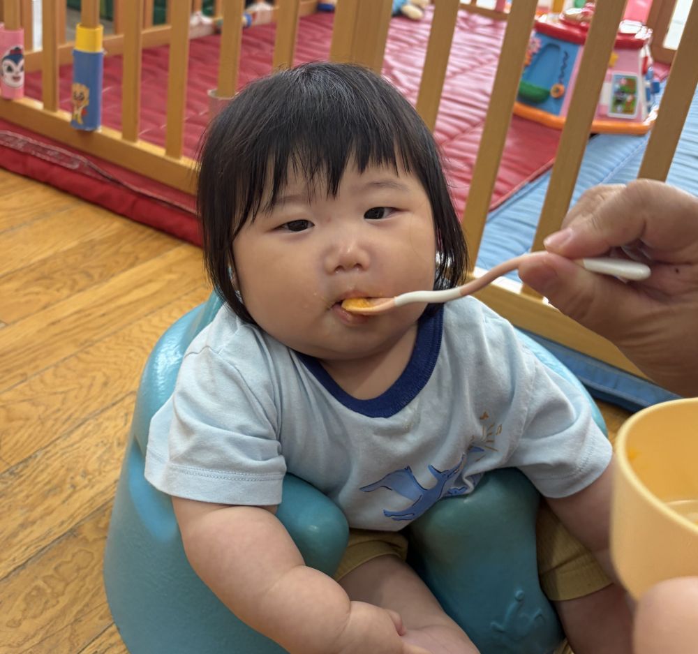 離乳食の子たちも初期・中期・後期といった
それぞれの月齢に合った食事を食べています。

ごっくんを練習中のRくん。
だんだんと口を閉じて飲み込むことが
上手になってきています。

