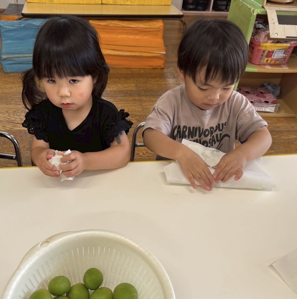 丁寧に拭いて…
しっかり水分を拭き取ります✨

最後に、梅→氷砂糖→梅…と、
順番に入れて…