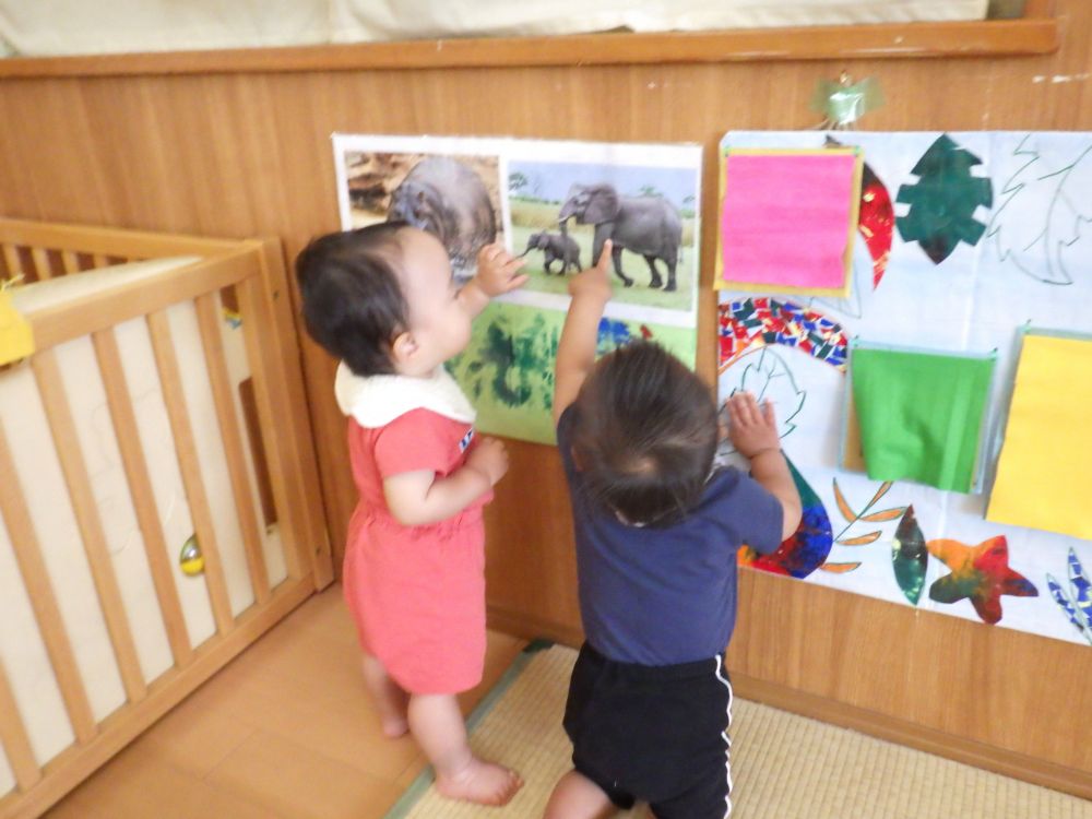 “これはゾウさん？”
“そうだね！こっちはなに？”

何だか会話が聞こえてきそう・・・
友達とのふれあいも増えてきているウサギ組、
大好きをたくさん増やしていきたいと思います