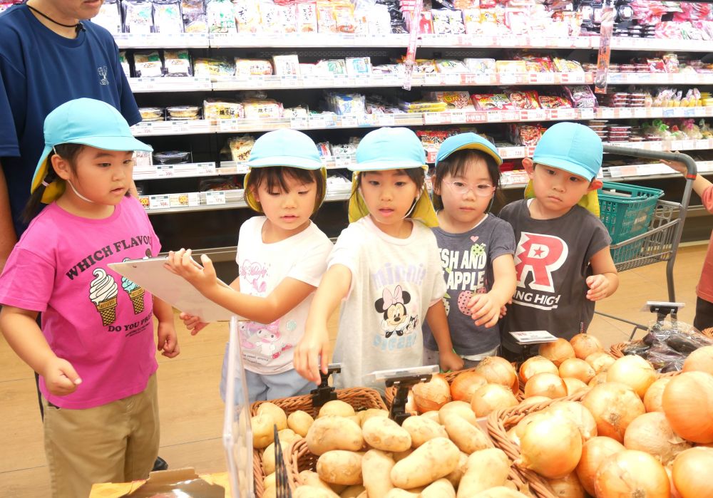 今週末は園に泊る日♪
楽しみを控えワクワクが止まらない子どもたち
晩ご飯に必要な材料を買いにグループで出掛けます
『カレーの材料売ってるかな？』
『フルーチェってハローズにあるよね？』
友達同士で確認をしながら・・・いざハローズへ♡


さっそく野菜コーナーが目に入り・・・
『あるじゃん！！』
『メークインだよ』
『待って・・・にんじんもあるし玉ねぎもある』
『すぐ見つけたから買い物早く終わりそうだね』
すぽんじくろみチームは出だし順調の様子です