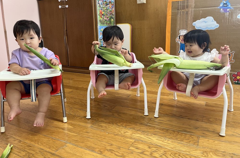 とうもろこしの皮をむいたり、持ってみたり
ひげが気になってさわったりと・・・
みんな思い思いに食育の日を楽しめたね😆