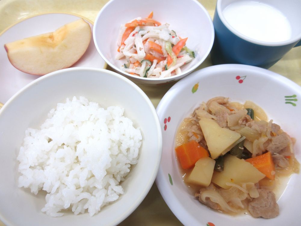 ご飯

豚じゃが

大根サラダ

りんご

牛乳