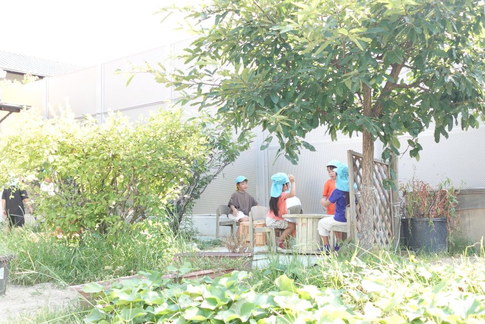 毎日、暑い日が続いています
熱中症に気を付けながら
子どもたちは園庭の涼しい場所を見つけて
好きな遊びを楽しんでいます♪


園庭のすみっこにコザを運んでいく子どもたち
「ここねぇ、涼しいよ♪」
確かに！！
サクランボの木
ブルーベリーの木
どんぐりの木で木陰ができていて
ちょっと涼しい！！
ここにゴザを広げて、
ゆったりと座って
おしゃべりしたり、おままごとしたり、、、♡
