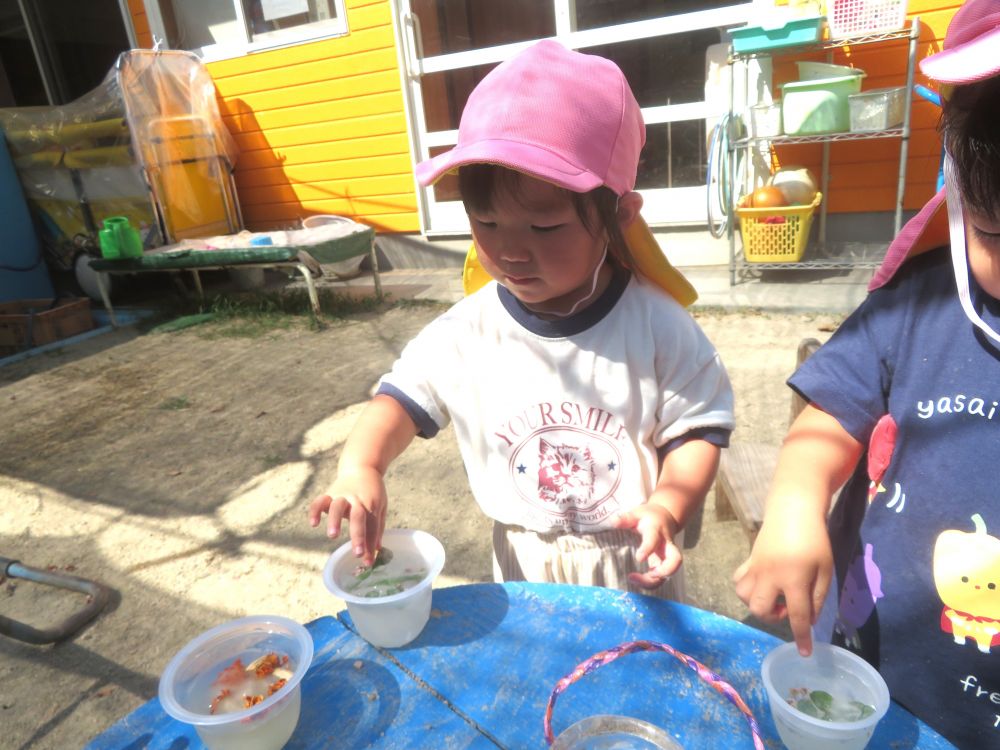 氷に入っている葉っぱを取りたいMちゃん
なかなかうまく取れません！
何度も試していると少しずつ氷が溶けてきて・・・
草花が出てきました！
葉っぱが取れて満足そうなMちゃん♡
氷って不思議だね♪