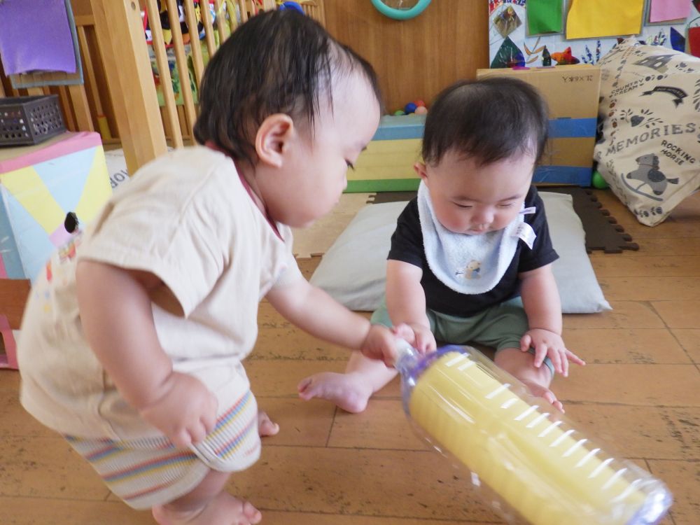 転がしていたRくん
気付くと少し遠くに
それに気付いたTくんすかさず取ってあげていっしょにフリフリ
中を見てにっこり見つめ合っていました


