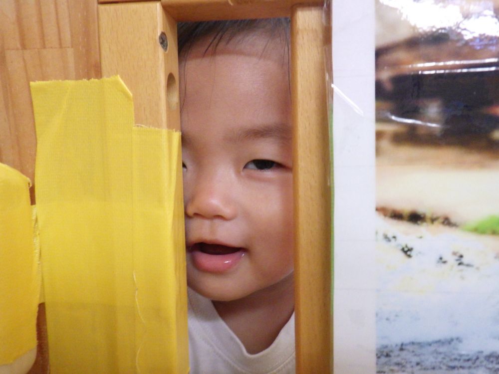 身のまわりの物に興味をもち、「触ってみたい」「見てみたい」と確かめる姿が増えてきて、探索活動を楽しんでいます



隙間を発見したSくん♪
のぞくとその先には友達が･･･
ここだよ～と言うように、「ばぁ～！！」と声をかける
友達の反応が楽しくて、繰り返し楽しんでいました
